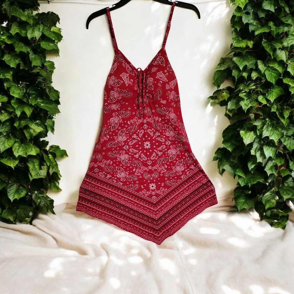 Red Bandana Print Handkerchief Hem Dress | Size M (7–9) | Boho Summer Vibes
